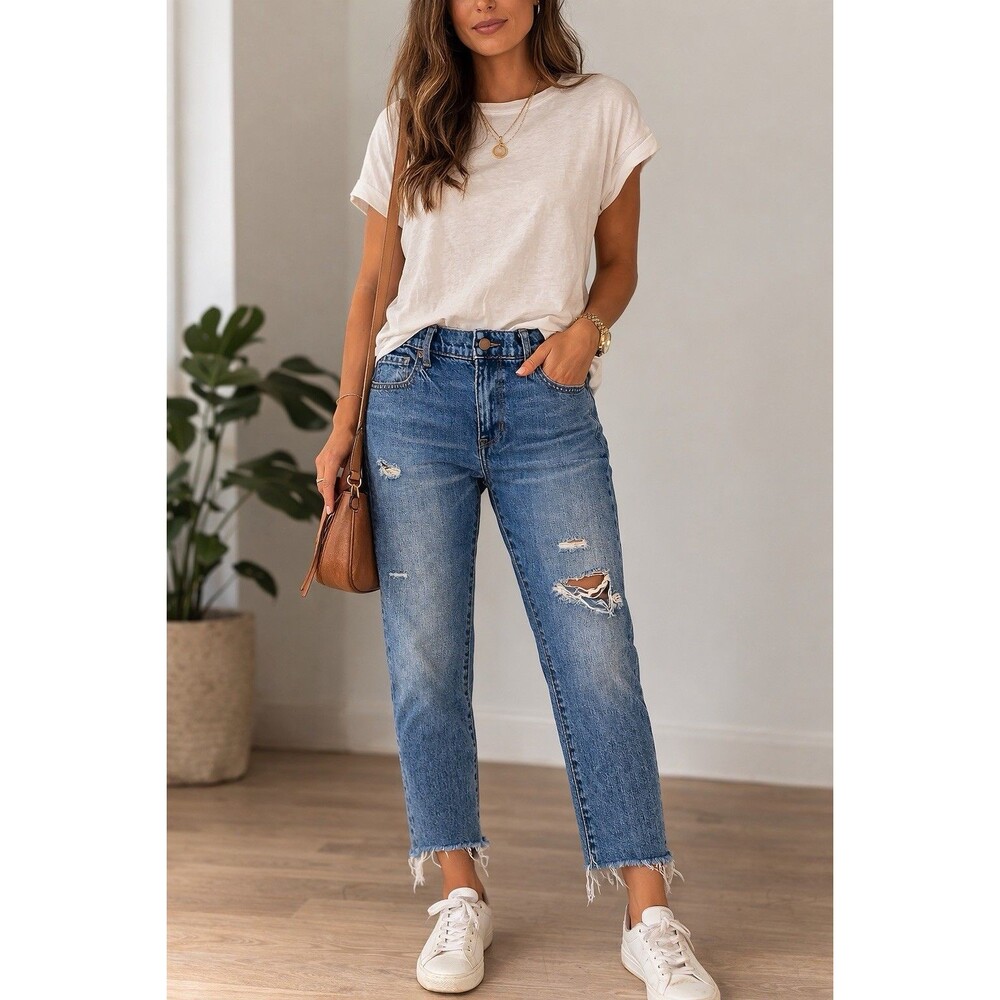 Banana Republic Girlfriend Distressed Raw Hem Blue Denim Jeans SZ 28